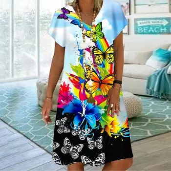 Летнее модное платье с v-образным вырезом, женское платье с короткими рукавами и принтом благородных роз, свободное повседневное платье для женщин XS розовый