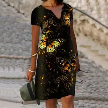 Летнее модное платье с v-образным вырезом, женское яркое цветное платье с короткими рукавами и принтом бабочек, свободное повседневное платье для женщин XS фиолетовый