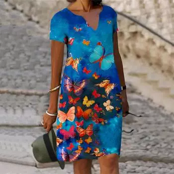 Летнее модное платье с v-образным вырезом, женское синее платье с короткими рукавами и принтом бабочек, свободное повседневное платье для женщин XS синий