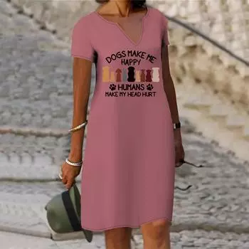 Летнее модное платье с v-образным вырезом, женское платье с коротким рукавом и милым принтом собаки на спине, свободное повседневное платье для женщин XS розовый