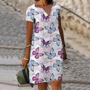 Летнее модное платье с v-образным вырезом, женское легкое платье с короткими рукавами и принтом крылатых бабочек, свободное повседневное платье для женщин XS фиолетовый