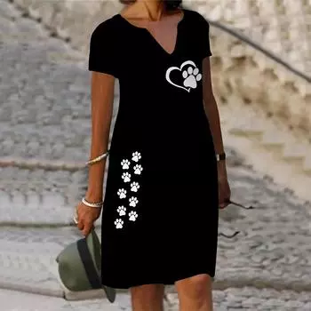 Летнее модное платье с v-образным вырезом, женское белое платье с коротким рукавом и принтом «Любовь», свободное повседневное платье для женщин XS синий