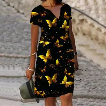 Летнее модное платье с v-образным вырезом, женское платье с коротким рукавом, золотое платье с принтом летающих бабочек, свободное повседневное платье для женщин XS красный