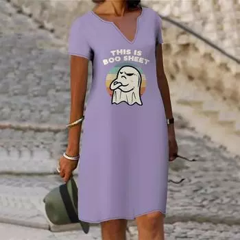 Летнее модное платье с v-образным вырезом, женское милое платье с коротким рукавом и принтом призраков, свободное повседневное платье для женщин XS фиолетовый