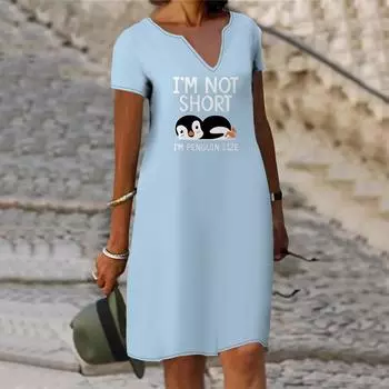 Летнее модное платье с v-образным вырезом, женское платье с коротким рукавом, платье с принтом гнилых пингвинов, свободное повседневное платье для женщин XS синий