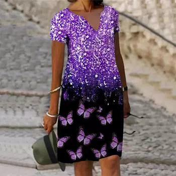 Летнее модное платье с v-образным вырезом, женское платье с коротким рукавом, черно-фиолетовое платье с принтом, свободное повседневное платье для женщин XS фиолетовый