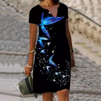 Летнее модное платье с v-образным вырезом, женское платье с коротким рукавом и принтом стрекозы, свободное повседневное платье для женщин XS синий