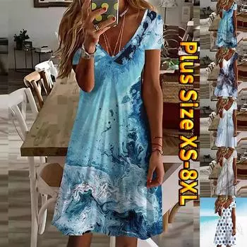 Летнее модное платье с v-образным вырезом, женское платье с коротким рукавом, синие волны с принтом, свободное повседневное платье для женщин XS синий