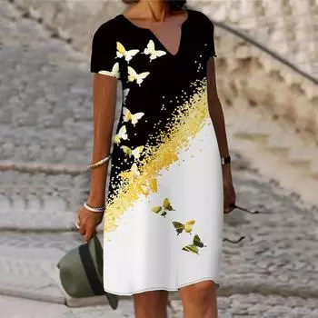 Летнее модное платье с v-образным вырезом, женское платье с коротким рукавом, золотое платье с принтом бабочек, свободное повседневное платье для женщин XS фиолетовый