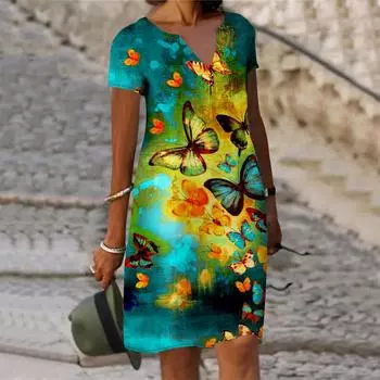 Летнее модное платье с v-образным вырезом женское платье с коротким рукавом Orange Dream с принтом летающих бабочек свободное повседневное платье для женщин XS оранжевый