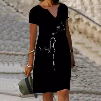 Летнее модное платье с v-образным вырезом, женское платье с коротким рукавом, черное платье с кошачьим принтом, свободное повседневное платье для женщин XS чёрный