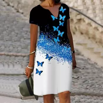 Летнее модное платье с v-образным вырезом, женское блестящее платье с короткими рукавами и принтом бабочек, свободное повседневное платье для женщин XS красный