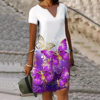 Летнее модное платье с v-образным вырезом, женское платье с коротким рукавом, фиолетовое платье с каймой и принтом бабочки, свободное повседневное платье для женщин XS фиолетовый