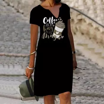 Летнее модное платье с v-образным вырезом, женское модное платье с короткими рукавами и кофейным английским принтом, свободное повседневное платье для женщин XS белый