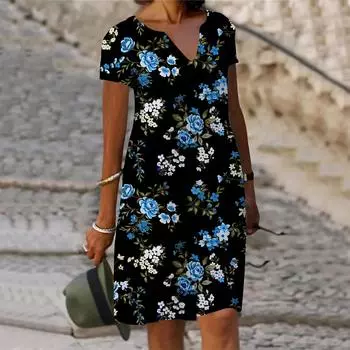 Летнее модное платье с v-образным вырезом, женское простое платье с коротким рукавом и цветочным принтом, свободное повседневное платье для женщин XS синий
