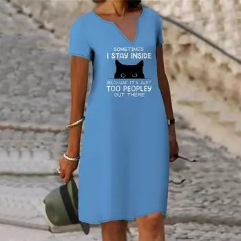 Летнее модное платье с v-образным вырезом, женское платье с короткими рукавами и принтом кошек, свободное повседневное платье для женщин XS фиолетовый