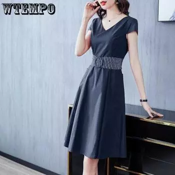 Летнее модное платье с V-образным вырезом и поясом, элегантное платье для пригородных поездок, с двойными боковыми карманами, на молнии, размер M-4XL, темно-синие платья большого размера M синий