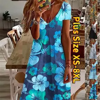 Летнее модное платье с v-образным вырезом, женское платье с коротким рукавом, большие синие цветы с принтом, свободное повседневное платье для женщин XS чёрный