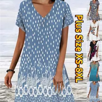 Летнее модное платье с v-образным вырезом, женское платье с коротким рукавом и принтом розовых роз, свободное повседневное платье для женщин XS синий