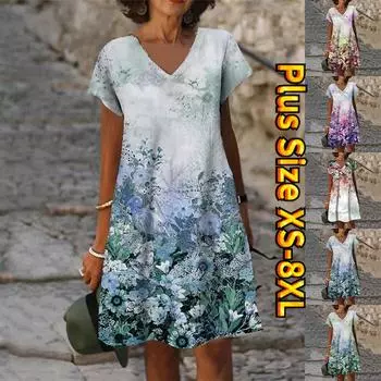 Летнее модное платье с v-образным вырезом, женское платье с коротким рукавом, темно-зеленое платье с цветочным принтом, свободное повседневное платье для женщин XS темно-зеленого