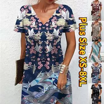 Летнее модное платье с v-образным вырезом, женское синее ажурное платье с короткими рукавами и цветочным принтом, свободное повседневное платье для женщин XS чёрный