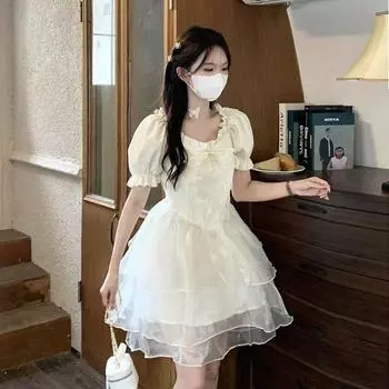 Летнее модное платье, темпераментное платье с бантом и ушками, пышное платье принцессы 2XL слоновая кость