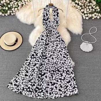 Летнее модное платье трапециевидной формы без рукавов с открытой спиной, v-образным вырезом и принтом, темпераментное платье знаменитостей, морское праздничное платье