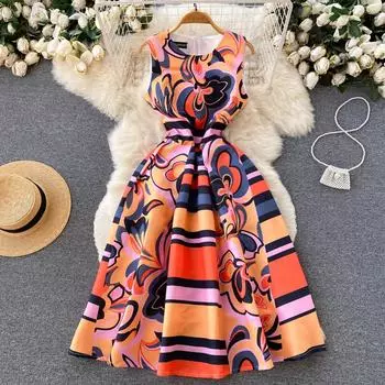 Летнее модное праздничное пляжное платье с принтом, женские винтажные длинные вечерние платья без рукавов до середины икры на бретелях S разноцветный