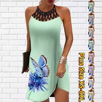 Летнее модное сексуальное платье без рукавов, мягкое повседневное платье с 3D синим бабочкой и цветочным принтом, платье на бретельках без рукавов, летнее платье на подтяжках XS зелёный