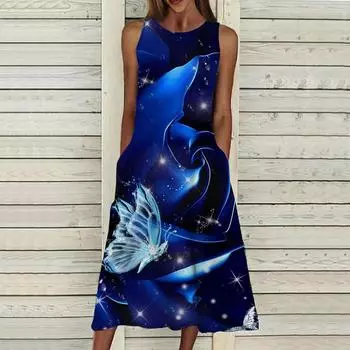 Летнее модное сексуальное платье без рукавов, мягкое повседневное платье с 3D принтом гигантских цветов, платье на бретельках без рукавов, летнее платье на подтяжках XS синий