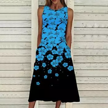 Летнее модное сексуальное платье без рукавов, мягкое повседневное платье с 3D принтом падающих цветов, платье на бретельках без рукавов, летнее платье на подтяжках 7XL синий