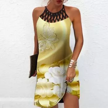 Летнее модное сексуальное платье без рукавов, мягкое повседневное платье с 3D желтыми цветами и принтом, платье на бретельках без рукавов, летнее платье на подтяжках XS синий