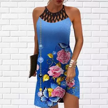 Летнее модное сексуальное платье без рукавов, мягкое повседневное платье с 3D цветочным принтом, платье на бретельках без рукавов, летнее платье на подтяжках XS синий