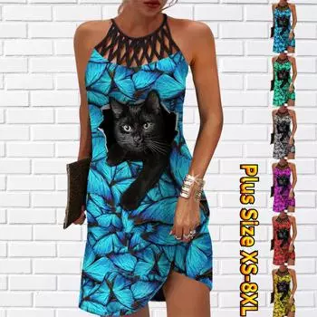 Летнее модное сексуальное платье без рукавов, мягкое повседневное платье с 3D принтом черного кота, платье на бретельках без рукавов, летнее платье на подтяжках XS синий
