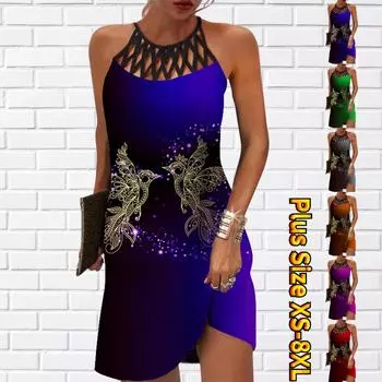 Летнее модное сексуальное платье без рукавов, мягкое повседневное платье с 3D золотистым принтом птицы, платье на бретельках без рукавов, летнее платье на подтяжках XS синий