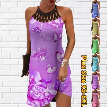 Летнее модное сексуальное платье без рукавов, мягкое повседневное платье с 3D принтом летающих бабочек, платье на бретельках без рукавов, летнее платье на подтяжках XS синий