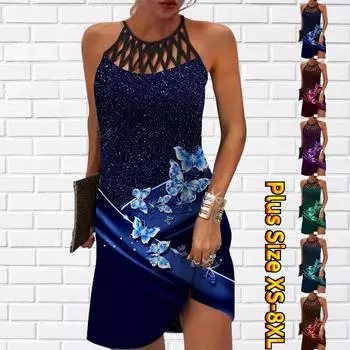 Летнее модное сексуальное платье без рукавов, мягкое повседневное 3D синее платье с принтом бабочки, платье на бретельках без рукавов, летнее платье на подтяжках XS синий