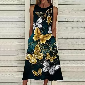 Летнее модное сексуальное платье без рукавов, мягкое повседневное платье с 3D принтом летающей бабочки, платье на бретельках без рукавов, летнее платье на подтяжках XS синий