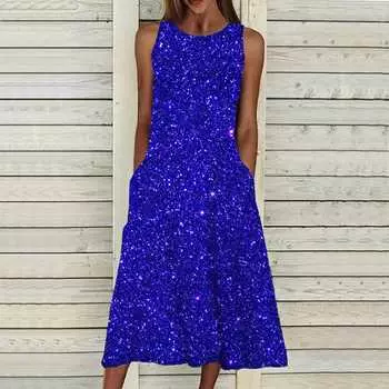 Летнее модное сексуальное платье без рукавов, мягкое повседневное платье с 3D синим блестящим принтом, платье на бретельках без рукавов, летнее платье на подтяжках XS синий