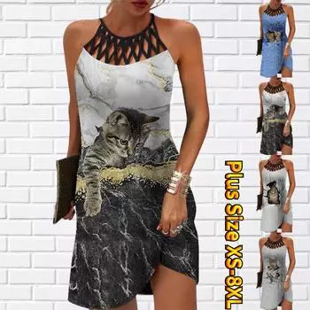 Летнее модное сексуальное платье без рукавов, мягкое повседневное платье с 3D принтом двух милых котят, платье на бретельках без рукавов, летнее платье на подтяжках XS синий