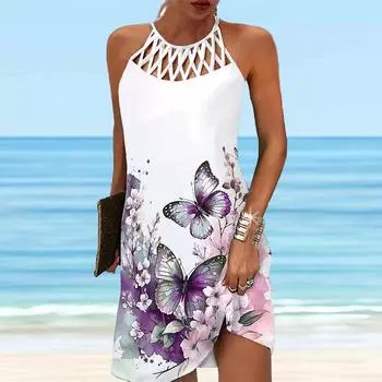 Летнее модное сексуальное платье без рукавов, мягкое повседневное платье с 3D трепетом и принтом бабочки, платье на бретельках без рукавов, летнее платье на подтяжках XS зелёный