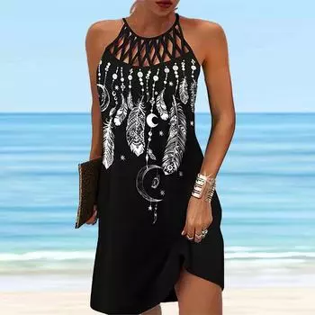Летнее модное сексуальное платье без рукавов, мягкое повседневное 3D черное, ночное, белое платье с принтом перьев, платье на бретельках без рукавов, летнее платье на подтяжках XS чёрный