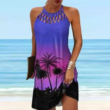Летнее модное сексуальное платье без рукавов, мягкое повседневное платье с 3D принтом ночного дерева, платье на бретельках без рукавов, летнее платье на подтяжках XS синий