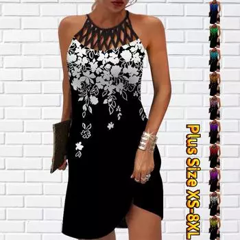 Летнее модное сексуальное платье без рукавов, мягкое повседневное платье с 3D белыми цветами и принтом, платье на бретельках без рукавов, летнее платье на подтяжках 7XL синий