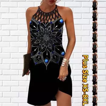 Летнее модное сексуальное платье без рукавов, мягкое повседневное платье с 3D флэш-ромбом и цветочным принтом, платье на бретельках без рукавов, летнее платье на подтяжках 7XL синий