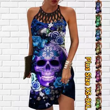 Летнее модное сексуальное платье без рукавов, мягкое повседневное платье с 3D принтом роз и скелетов, платье на бретельках без рукавов, летнее платье на подтяжках XS синий