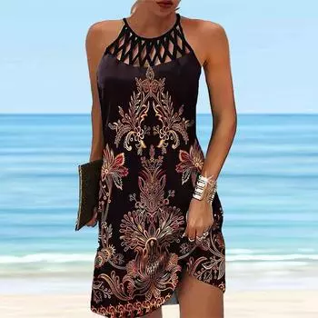 Летнее модное сексуальное платье без рукавов, мягкое повседневное платье с 3D симметричным ретро-принтом, платье на бретельках без рукавов, летнее платье на подтяжках XS чёрный