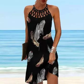 Летнее модное сексуальное платье без рукавов, мягкое повседневное 3D коричнево-серое светлое платье с принтом перьев, платье на бретельках без рукавов, летнее платье на подтяжках XS чёрный