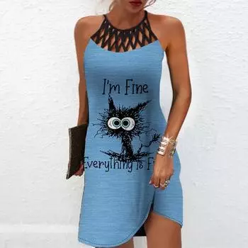 Летнее модное сексуальное платье без рукавов, мягкое повседневное платье с 3D принтом жареного кота, платье на бретельках без рукавов, летнее платье на подтяжках 7XL синий