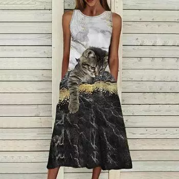 Летнее модное сексуальное платье без рукавов, мягкое повседневное платье с 3D принтом озорного кота, платье на бретельках без рукавов, летнее платье на подтяжках XS красный